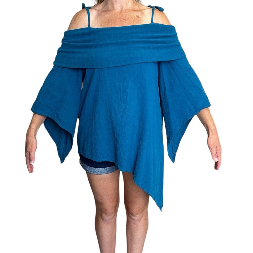 NWT Abaca Cold Shoulder Lagenlook Tunic Blouse Asymmetrical‎ in Lagoon Blue 1